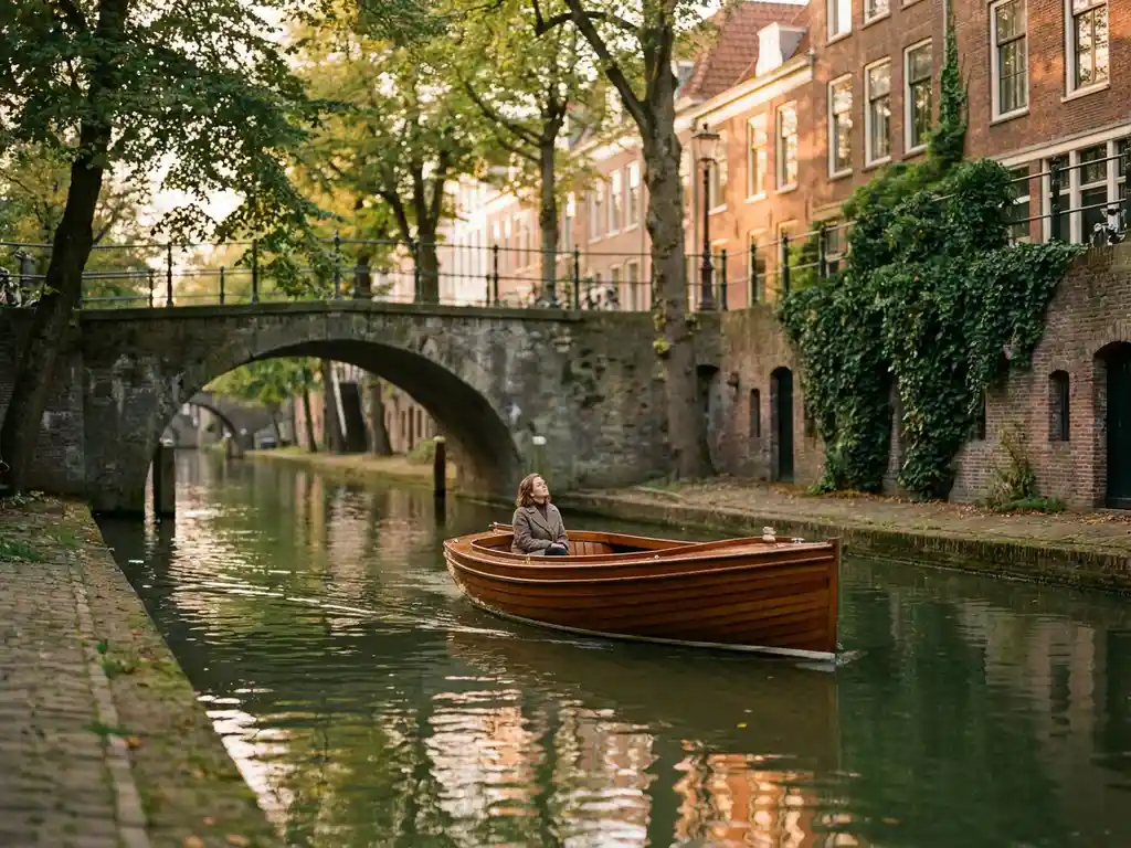 Wooden electric canal boat passing under a stone bridge on a Utrecht canal, amber reflections on calm water, ivy-covered brick townhouses in warm afternoon light.