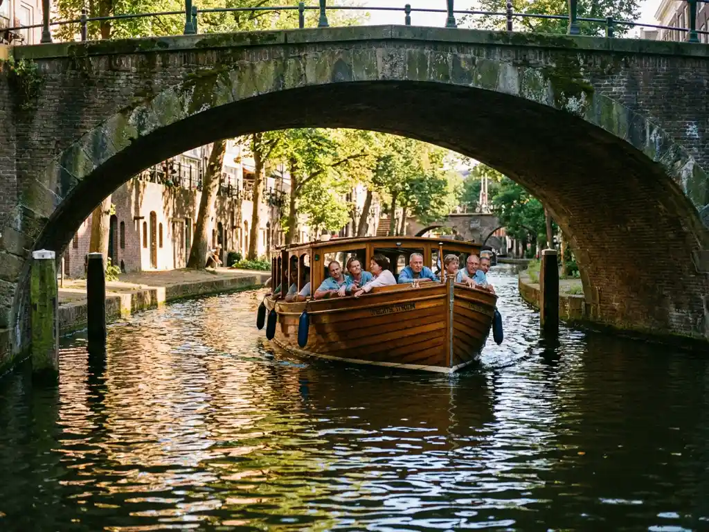 Wooden electric canal boat passing under a stone bridge on a sunlit Utrecht canal, tourists leaning over railing, tree-lined brick wharf.