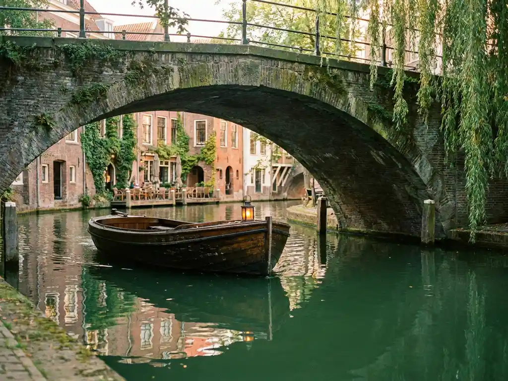 Low wooden electric boat gliding under a moss-covered Utrecht canal bridge, willow branches framing amber-lit brick facades reflected in emerald water.