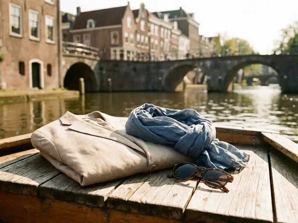 Linen blazer, scarf, and sunglasses on a weathered boat deck with Utrecht canal houses and stone bridges softly blurred behind.