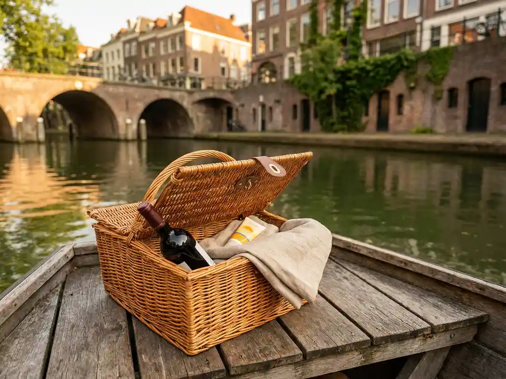 Open wicker picnic basket with wine, linen blanket, and sunscreen on a boat deck, Utrecht's canal wharves and brick arches reflected in calm water behind.