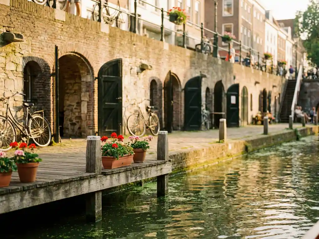 Sunlit Utrecht canal wharf with open brick cellar doors, wooden terrace over green water, and potted geraniums along the historic quayside.