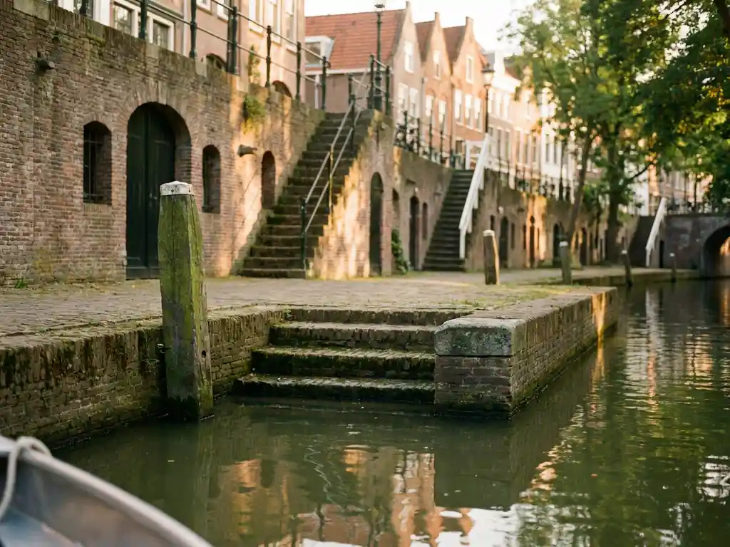 Utrecht canal with sunken wharf cellars and weathered brick facades reflecting amber and terracotta tones in still green water at golden hour.