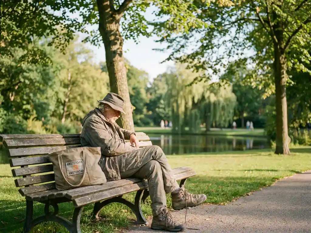 Weary traveler resting on a sunlit bench in Vondelpark Amsterdam, shoes untied beside a canvas tote, willow trees reflecting in a nearby pond.