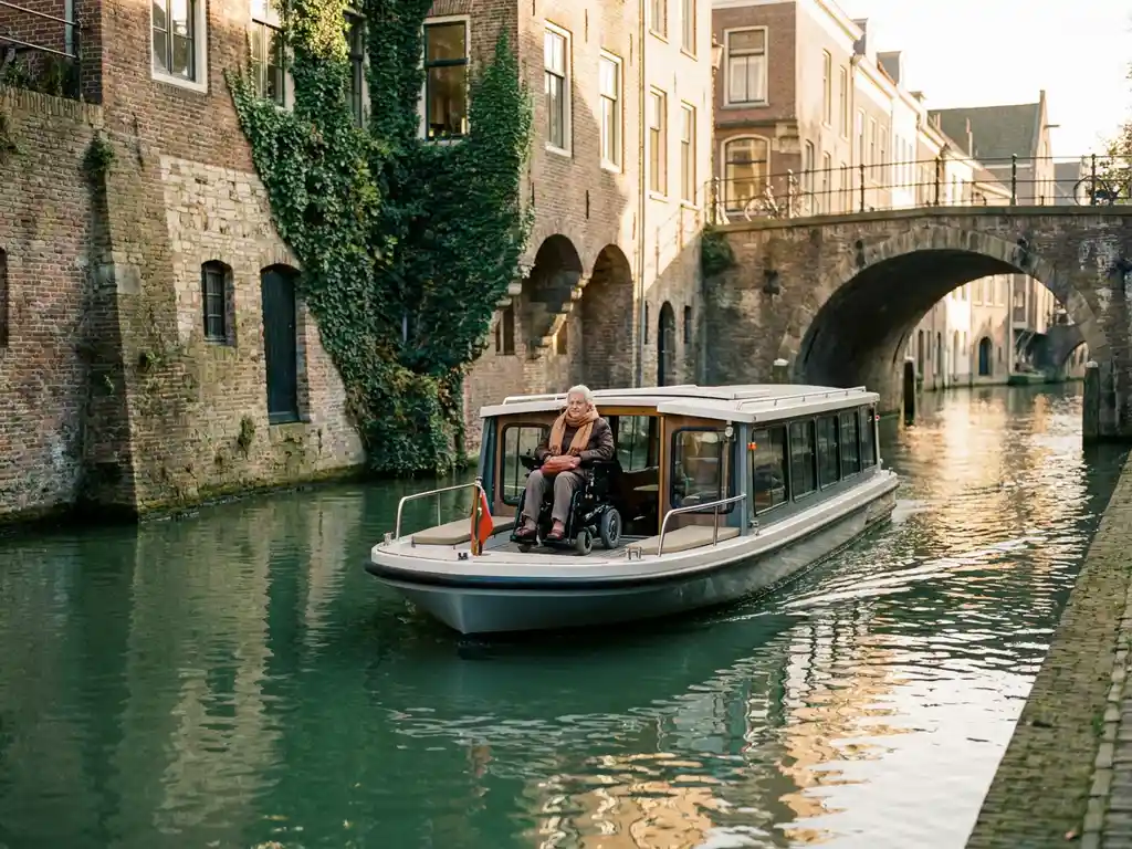 Wheelchair user enjoying a ride on a low-deck electric canal boat through Utrecht's historic waterways, framed by brick bridges and ivy-covered canal houses.