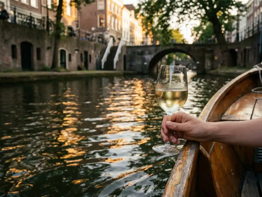 Chilled white wine glass held over a Utrecht canal boat, golden afternoon light reflecting on dark water with historic Dutch brick facades blurred behind.