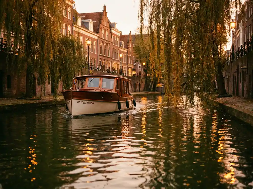 Wooden electric canal boat gliding through a narrow Utrecht canal at golden hour, with Dutch gabled facades and weeping willows reflected in rippling water.