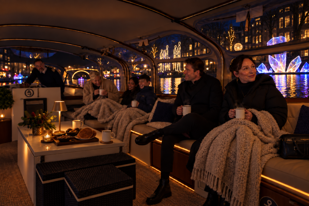 Gasten met warme drankjes en stroopwafels in een overdekte KINboat sloep met lichtkunst buiten tijdens Amsterdam Light Festival