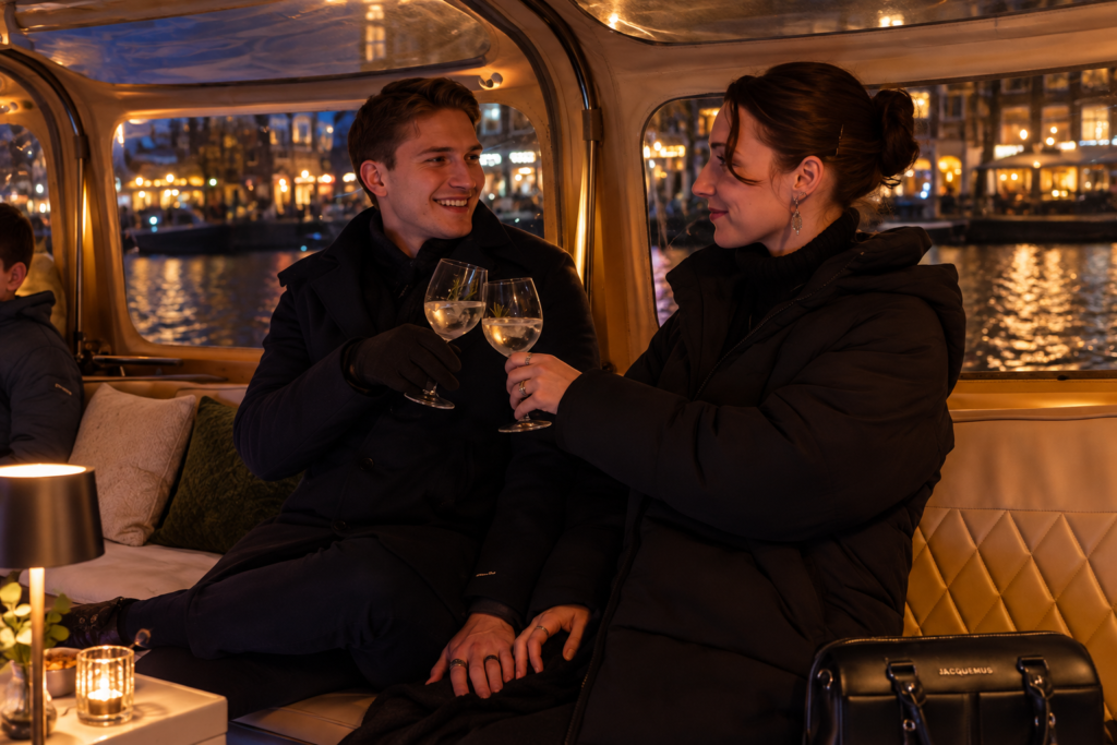 Stel proost aan boord van een overdekte KINboat sloep tijdens een avondrondvaart door de grachten van Amsterdam